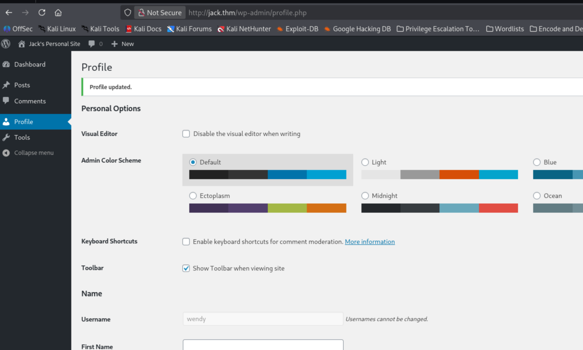 WordPress dashboard pre-escalation — Wendy at subscriber level